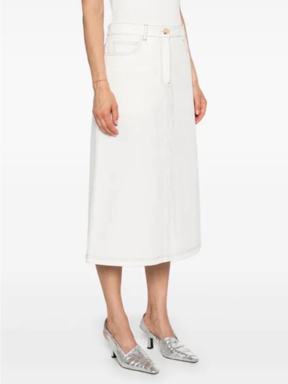TOTEME White Contrast Stitching Midi Denim Skirt Size 10